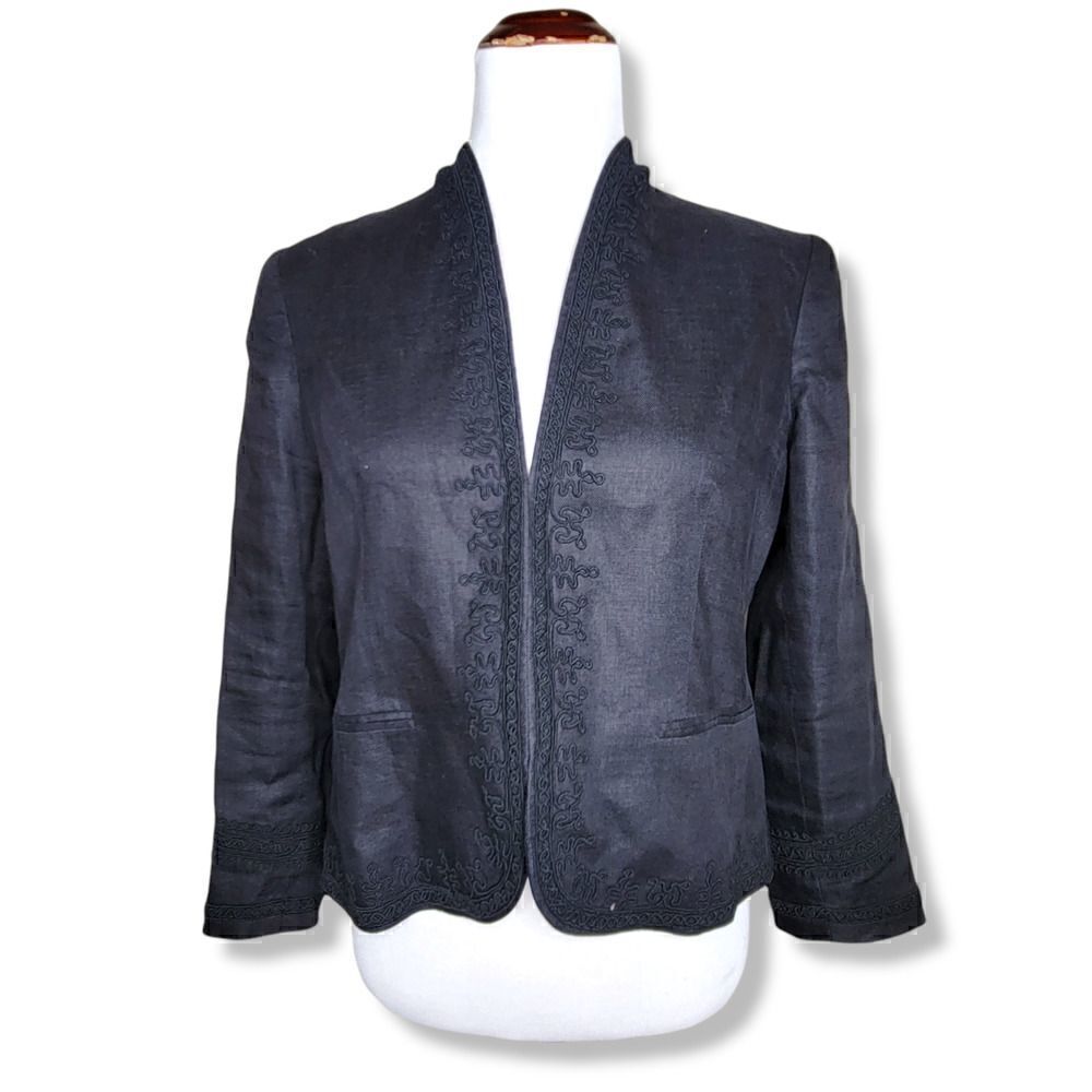Lauren Ralph Lauren Open Front Linen Blazer Black 12 Petite